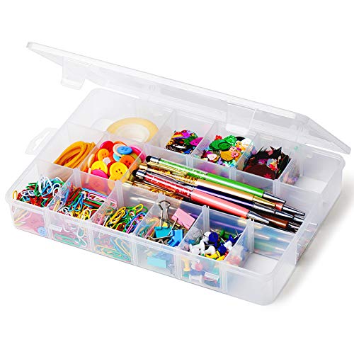 iBune 18 Grids Large Plastic Compartment Container, Bead Storage Organizer Box Case with Adjustable Removable Dividers for Jewelry Craft Tackles Tools, Size 11.7 x 7.7 x 1.7 in, White