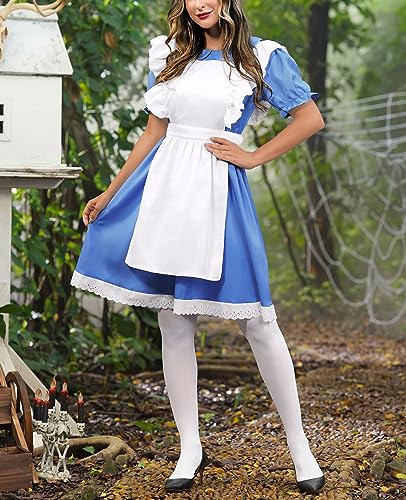 Women Blue White Alice Princess in Costume Wondeful Princess Costume Deluxe Halloween Dress Short Sleeve M