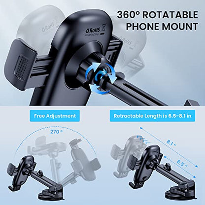 Car Phone Holder Mount [Military-Grade Suction & Stable Hook] Phone Mount for Car Windshield Dashboard Air Vent Universal Hands-Free Automobile Mounts Cell Phone Holder Fit for iPhone Smartphones