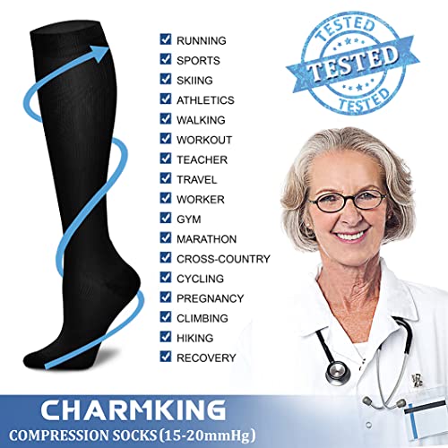 CHARMKING Compression Socks for Women & Men Circulation (3 Pairs) 15-20 mmHg is Best Athletic for Running, Flight Travel, Support, Cycling, Pregnant - Boost Performance, Durability (L/XL,Multi 55)