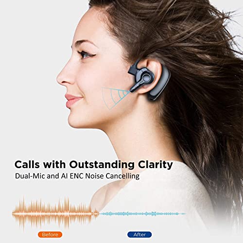 emotal Dual-Mic AI Noise Cancelling Bluetooth Headset for Cell Phones, 10 Days Standby 30Hrs HD Talktime Bluetooth Earpiece IPX6 Waterproof Ultralight for Driving/Truckers/Business,Black