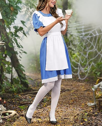 Women Blue White Alice Princess in Costume Wondeful Princess Costume Deluxe Halloween Dress Short Sleeve M