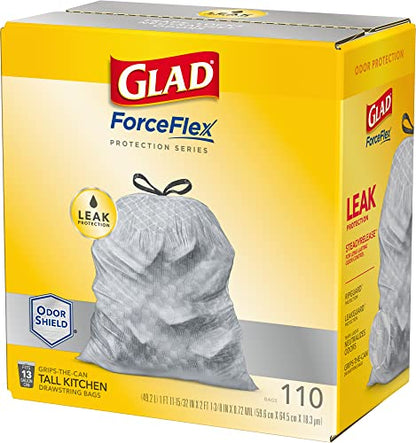 Glad ForceFlex Protection Series Tall Kitchen Drawstring Trash Bags, 13 Gal, 110 Ct, Pack May Vary