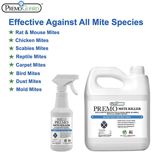 Mite Killer Spray by Premo Guard 128 oz – Treatment for Dust Spider Bird Rat Mouse Carpet and Scabies Mites – Fast Acting 100% Effective – Child & Pet Safe – Best Natural Extended Protection