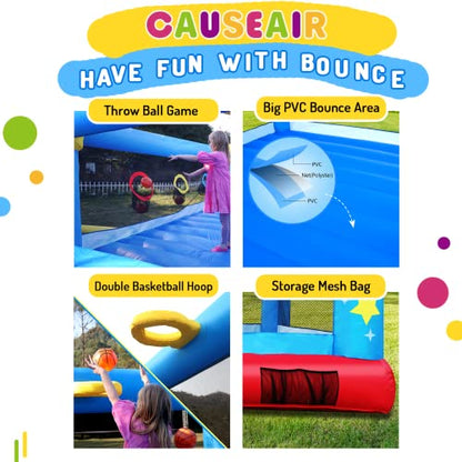 Causeair Big Inflatable Bounce House with GFCI Blower,15ft x 14.8ft,Double Basketball Hoop,Throw Ball Game,Reinforced PVC Bounce Floor,Jumping Bouncy Castle Holds 6 Kids