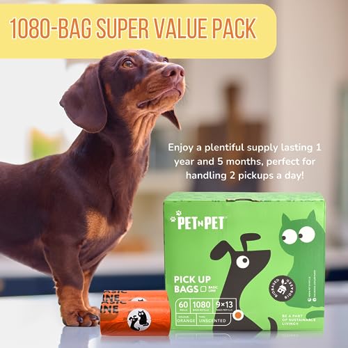 Pet N Pet 1080 Counts Orange Dog Poop Bag Rolls, Dog Bags Doggie Poop Bags, 38% Plant Based & 62% PE Dog Waste Bags, Extra Thick Doggy Poop Bags, Pet Waste Bags Doggie Bags