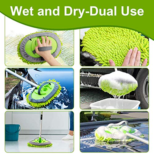 anngrowy 62" Microfiber Car Wash Brush Mop Kit Mitt Sponge with Long Handle Car Cleaning Supplies Kit Duster Washing Car Tools Accessories, 1 Chenille Scratch-Free Replacement Head Aluminum Alloy Pole