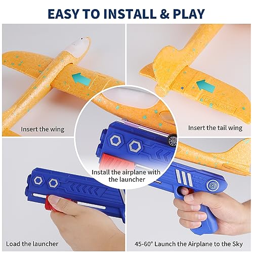 MOZSOY 3 Pack Airplane Launcher Toys, 2 Flight Modes LED Foam Glider Catapult Plane Toys for Boys, Outdoor Toys for Boys Girls 3 4 5 6 7 8 9 10 11 12 Year Old … (3 Color)