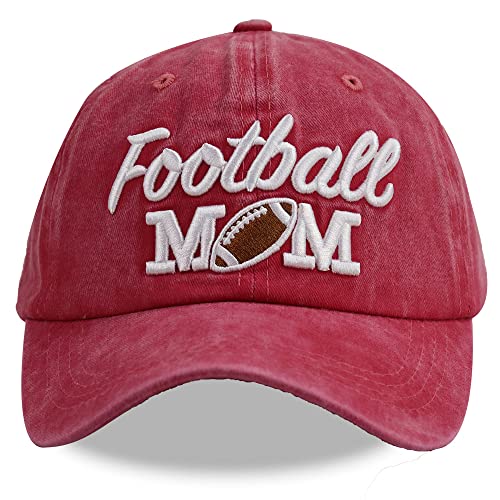 MANMESH HATT Football Mom Hat for Women, Funny Mother's Day Football Accessories Team Gifts, Vintage Washed Distressed Embroidered Baseball Cap for Mama, Grandma Red