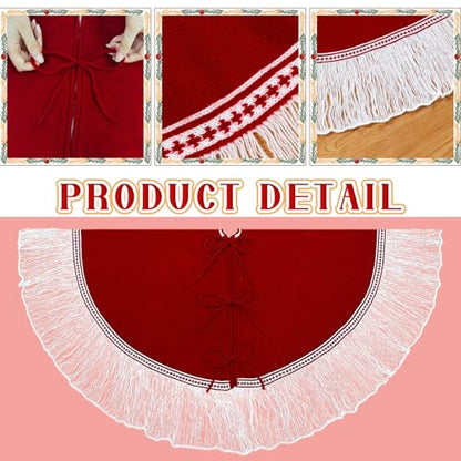 OurWarm Christmas Tree Skirt 48 inches Knitted Xmas Tree Skirt with White Tassels, Knit Red Tree Skirt for Christmas Tree Indoor Holiday Party Christmas Decorations