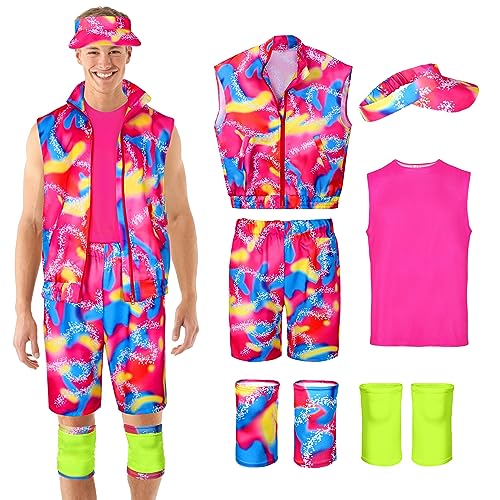 Cosrea Ken Costume for Men 80s 90s Workout Outfits Party Clothes Sportswear Tank top Vest Sun Visor Kneepad Halloween Cosplay