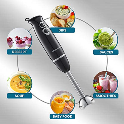 Elite Gourmet EHB1015 Immersion Hand Blender 500 Watts 2 Speed Mixing with Stainless Steel Blades, Detachable Wand Stick Mixer, Smoothies, Baby Food, Soup, Black