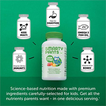 SmartyPants Kids Fiber Vitamins: Daily Kids Multivitamin Gummy for Overall Health with Vitamin A, B12, D3, E, & K & Omega 3 Fish Oil (DHA/EPA) - 120 Count (30 Day Supply)