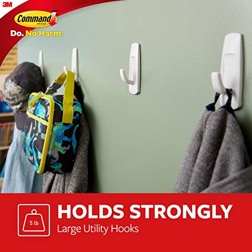 Command Large Utility Hooks, Damage Free Hanging Wall Hooks with Adhesive Strips, Wall Hooks for Hanging Back to School Dorm Organizers, 7 White Hooks and 12 Command Strips