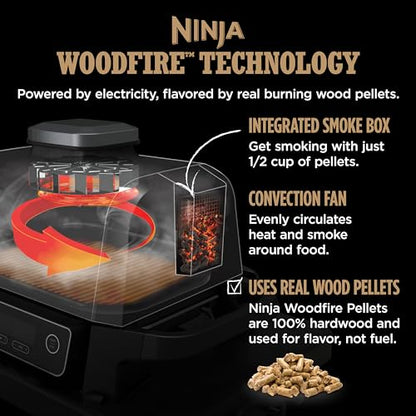 Ninja OG701 Woodfire Outdoor Grill & Smoker, 7-in-1 Master Grill, BBQ Smoker, & Air Fryer plus Bake, Roast, Dehydrate, & Broil, uses Ninja Woodfire Pellets, Weather-Resistant, Portable, Electric, Grey