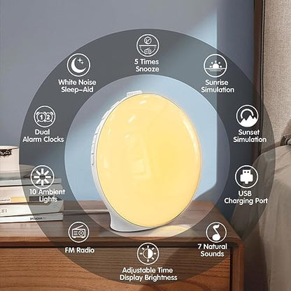 Sound Machine with Sunrise & Sunset for Adults Sleeping, White Noise Machine with 2 Alarm Clock, 10 Soothing Sounds, 17 Color Night Light, Adjustable Volume, Dimmable LED Display, FM Radio to Wake Up