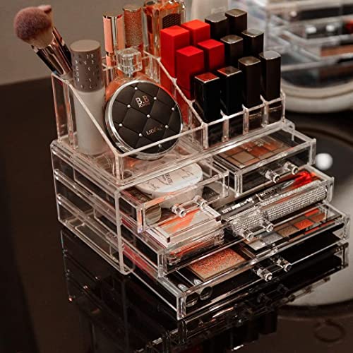 Cq acrylic Clear Makeup Organizer And Storage Stackable Skin Care Cosmetic Display Case With 4 Drawers Make up Stands For Jewelry Hair Accessories Beauty Skincare Product Organizing,Set of 2