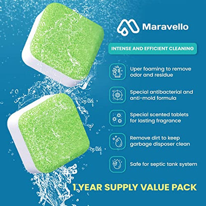 Garbage Disposal Cleaner and Deodorizer 28 Tablets: Maravello Sink Foaming Garbage Disposer Freshener - Kitchen Drain Cleaning Pods with Apple Fresh Formula - 1 Year Supply