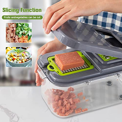 New 2022 Vegetable Chopper Dicer Onion Chopper, 22 in 1 Food Chopper Fruits Cutter with 14 Stainless Steel Blades, Adjustable Slicer, Vegetable Cutter with Drain Rack Storage Container, Kitchen Gadget