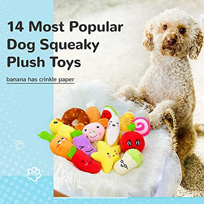 LEGEND SANDY 14 Pack Dog Squeaky Toys Cute Stuffed Plush Fruits Snacks and Vegetables Dog Toys for Puppy Small Medium Dog Pets