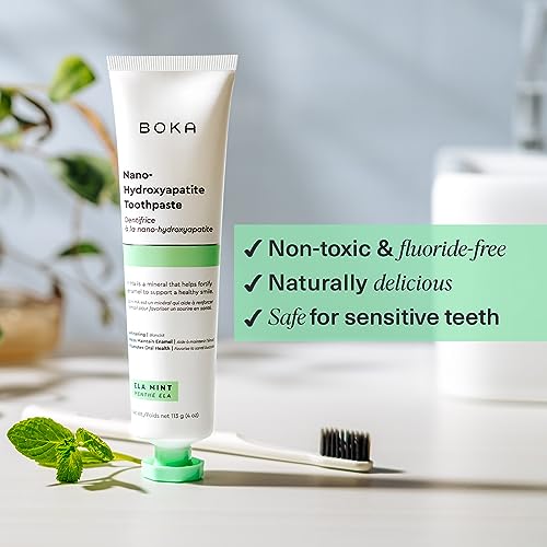 Boka Natural Toothpaste, Fluoride Free - Nano Hydroxyapatite for Remineralizing, Sensitive Teeth, & Whitening - Dentist Recommended for Adult & Kids Oral Care - Ela Mint, 4oz 1 Pack - Made in USA