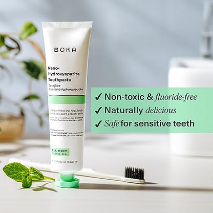 Boka Natural Toothpaste, Fluoride Free - Nano Hydroxyapatite for Remineralizing, Sensitive Teeth, & Whitening - Dentist Recommended for Adult & Kids Oral Care - Ela Mint, 4oz 1 Pack - Made in USA