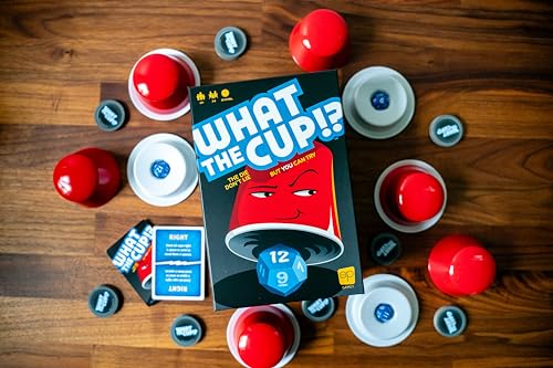 USAOPOLY What The Cup!? | Social Bluffing Dice Game | Featuring Handheld Dice Cups & D12 Dice | Spy, Swap, Steal The Winning Cup | 3-6 Players, Ages 12+