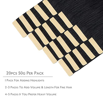 WENNALIFE Tape in Hair Extensions Human Hair, 20pcs 50g 16 inch Jet Black Remy Hair Extensions Straight Human Hair Tape in Extensions Skin Weft Tape Extensions Human Hair