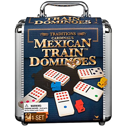 Mexican Train Dominoes Set Tile Board Game in Aluminum Carry Case with Colorful Trains for Family Game Night, for Adults and Kids Ages 8 and up