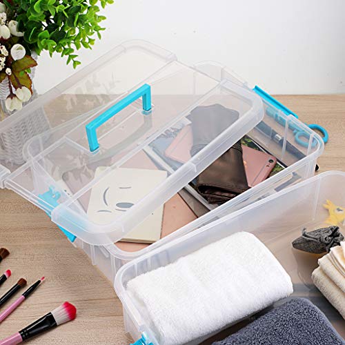 BTSKY 2 Layer Stack & Carry Box, Plastic Multipurpose Portable Storage Container Box Handled Organizer Storage Box for Organizing Stationery, Sewing, Art Craft, Jewelry and Beauty Supplies Blue