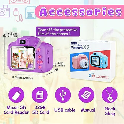 Seckton Upgrade Kids Selfie Camera, Christmas Birthday Gifts for Girls Age 3-9, HD Digital Video Cameras for Toddler, Portable Toy for 3 4 5 6 7 8 Year Old Girl with 32GB SD Card-Purple