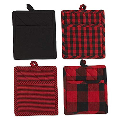 DII Gingham Check Kitchen Collection, Red/Black, Potholder Set