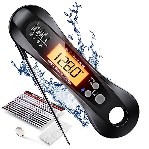 Meat Thermometer Digital, Meat Thermometer for Grilling and Cooking, Waterproof Instant Read Food Thermometer with Accurate Readings, Large LED Backlit Display and Foldable Probe for Kitchen & BBQ