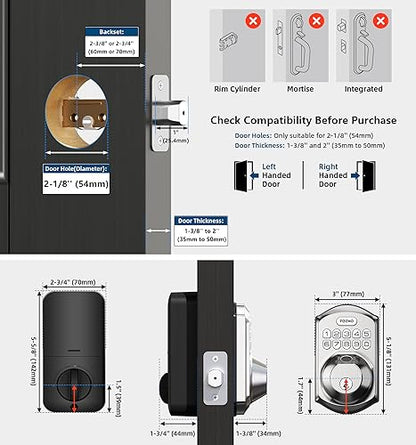 TEEHO TE002 Fingerprint Door Lock - Keyless Entry Door Lock with Keypad - Electronic Deadbolt Keyed Entry - Front Door Lock - Combination Door Lock - Easy Installation - Satin Nickel