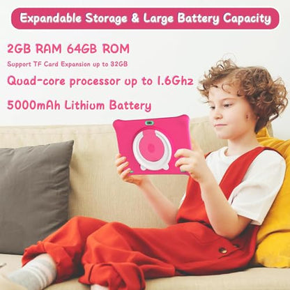 SGIN 10 Inch Kids Tablet, 2GB+64GB Kids Tablets with Case, Android 12 Tablet for Kids, WiFi, Dual Camera, Educational Games，iWawa Pre Installed, Parental Control APP (Pink)
