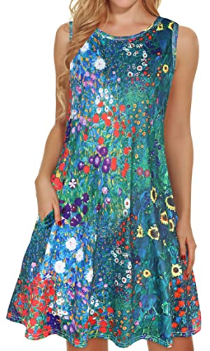 Summer T-Shirt Dress for Women Sleeveless Beach Bohemian Floral Sundress Tunic Swing Casual Loose Pockets(Blue Garden Floral,L)