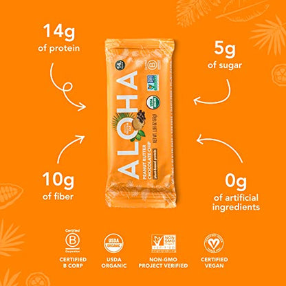 ALOHA Organic Plant Based Protein Bars |Peanut Butter Chocolate Chip | 12 Count, 1.98oz Bars | Vegan, Low Sugar, Gluten Free, Paleo, Low Carb, Non-GMO, Stevia Free, Soy Free, No Sugar Alcohol Sweeteners