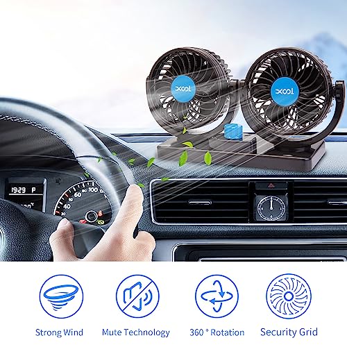 XOOL Car Fan, USB Portable Cooling Air Fan for Car, 360 Degree Rotatable Dual Head Desk Fans with 2 Speed Strong Wind for Dashboard SUV, RV, Vehicles, Boat, Home & Office - USB Powered