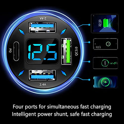 Car Charger 66W Super Fast Charging with USB PD&QC 3.0(Voltmeter&LED Lights) Universal Quick Charge for 12-24V Car Cigarette Lighter Plug,Compatible with iPhone 14 13 12,S22 S21 S20,iPad (BK351)