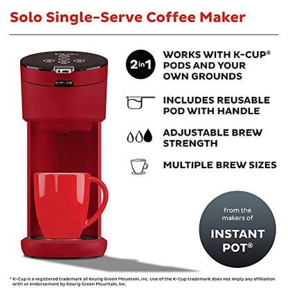 Instant Solo Single Serve Coffee Maker, From the Makers of Pot, K-Cup Pod Compatible Brewer, Includes Reusable & Bold Setting, Brew 8 to 12oz., 40oz. Water Reservoir, Red