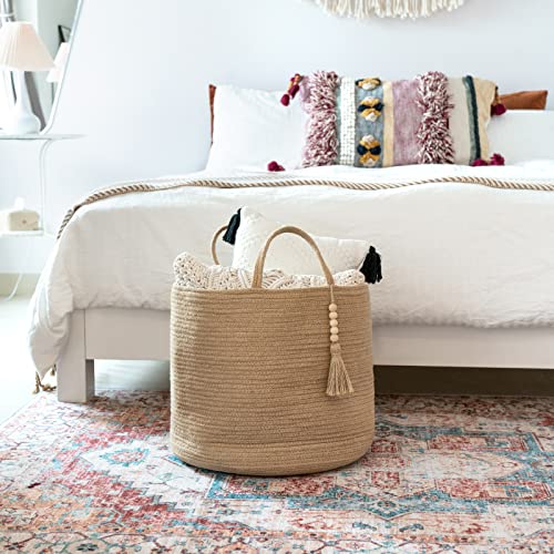 Mkono Woven Storage Basket Decorative Rope Basket Wooden Bead Decoration for Blankets,Toys,Clothes,Shoes,Plant Organizer Bin with Handles Living Room Home Decor, Jute, 16" W × 13.8"L