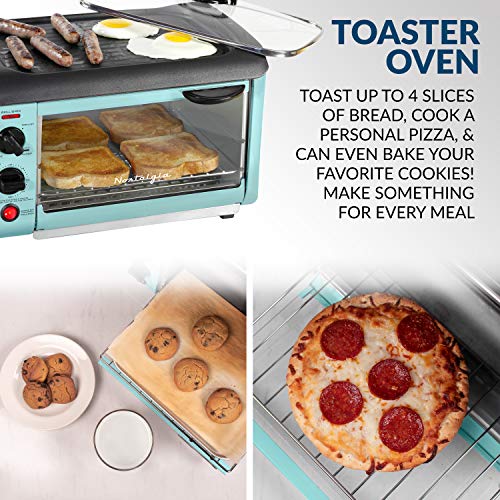 Nostalgia 3-in-1 Breakfast Station - Includes Coffee Maker, Non-Stick Griddle, and 4-Slice Toaster Oven - Versatile Breakfast Maker with Timer - Aqua