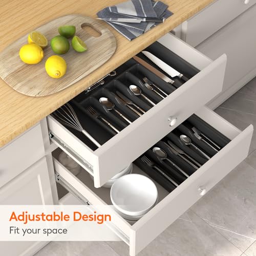 Lifewit Silverware Drawer Organizer, Expandable Utensil Tray for Kitchen, Adjustable Flatware and Cutlery Holder, Compact Plastic Storage for Spoons Forks Knives, Large, Black