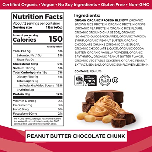 Orgain Organic Vegan Protein Bars, Peanut Butter Chocolate Chunk - 10g Plant Based Protein, Gluten Free Snack Bar, Low Sugar, Dairy Free, Soy Free, Lactose Free, Non GMO, 1.41 Oz (12 Count)