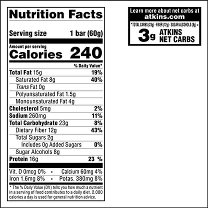 Atkins Chocolate Peanut Butter Protein Meal Bar, High Fiber, 16g Protein, 2g Sugar, 3g Net Carb, Meal Replacement, Keto Friendly, 12 Count