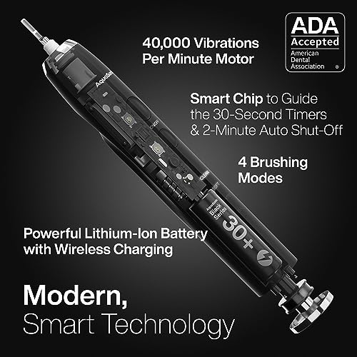 Aquasonic Black Series Ultra Whitening Toothbrush – ADA Accepted Power Toothbrush - 8 Brush Heads & Travel Case – 40,000 VPM Electric Motor & Wireless Charging - 4 Modes w Smart Timer