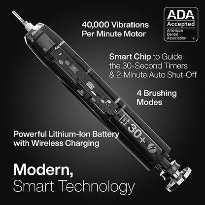 Aquasonic Black Series Ultra Whitening Toothbrush – ADA Accepted Power Toothbrush - 8 Brush Heads & Travel Case – 40,000 VPM Electric Motor & Wireless Charging - 4 Modes w Smart Timer