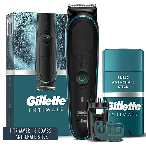 Gillette Intimate Men's Pubic Hair Trimmer, SkinFirst Pubic Hair Trimmer for Men, Waterproof, Cordless for Wet/Dry Use, Shaver for Men, Lifetime Sharp Blades, Includes Anti Chafe Stick, Gift Set