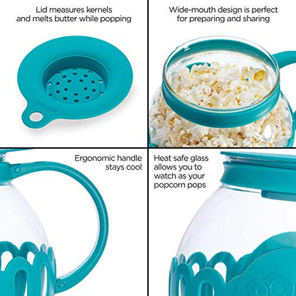 Ecolution Patented Micro-Pop Microwave Popcorn Popper with Temperature Safe Glass, 3-in-1 Lid Measures Kernels and Melts Butter, Made Without BPA, Dishwasher Safe, 3-Quart, Teal