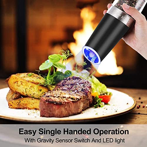 Gravity Electric Pepper and Salt Grinder Set, Adjustable Coarseness, Battery Powered with LED Light, One Hand Automatic Operation, Stainless Steel Black, 2 Pack